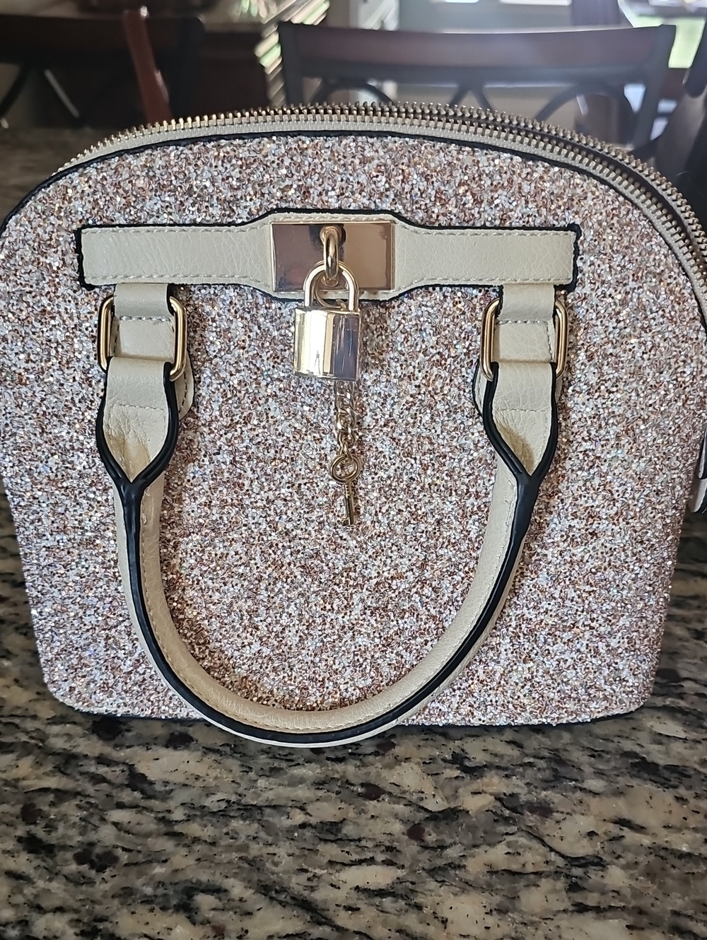 Aldo Glitter Dome Satchel Handbag in Rose Gold and Cream
